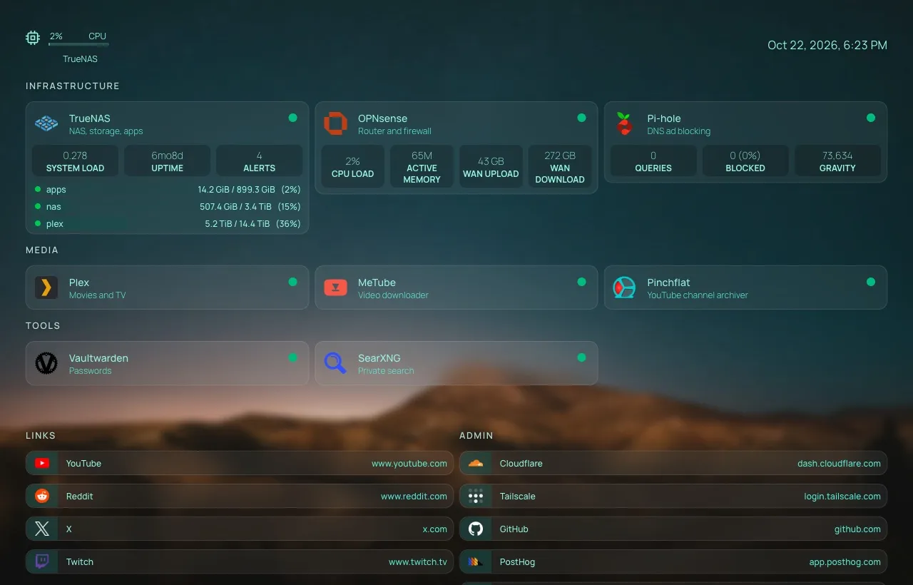 My Homepage dashboard with TrueNAS, OPNsense, and Pi-hole stats over a blurred desert background